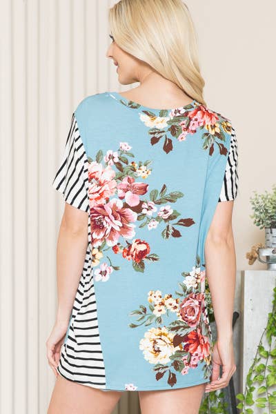 FLORAL TUNIC TOP WITH SIDE STRIPE CONTRAST: TURQUOISE