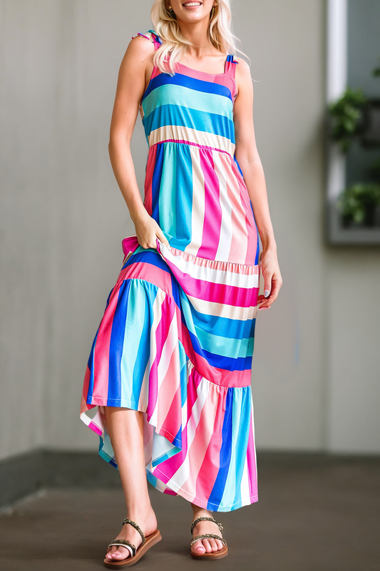 Women Color Block Striped Bow Tie Straps Maxi Dress | S-XL: