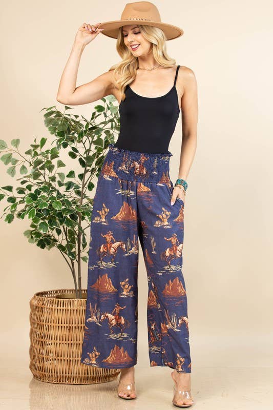 AV1243-WALLY WESTERN COWBOY DENIM PRINT WOVEN PANTS: Denim Blue / Contemporary