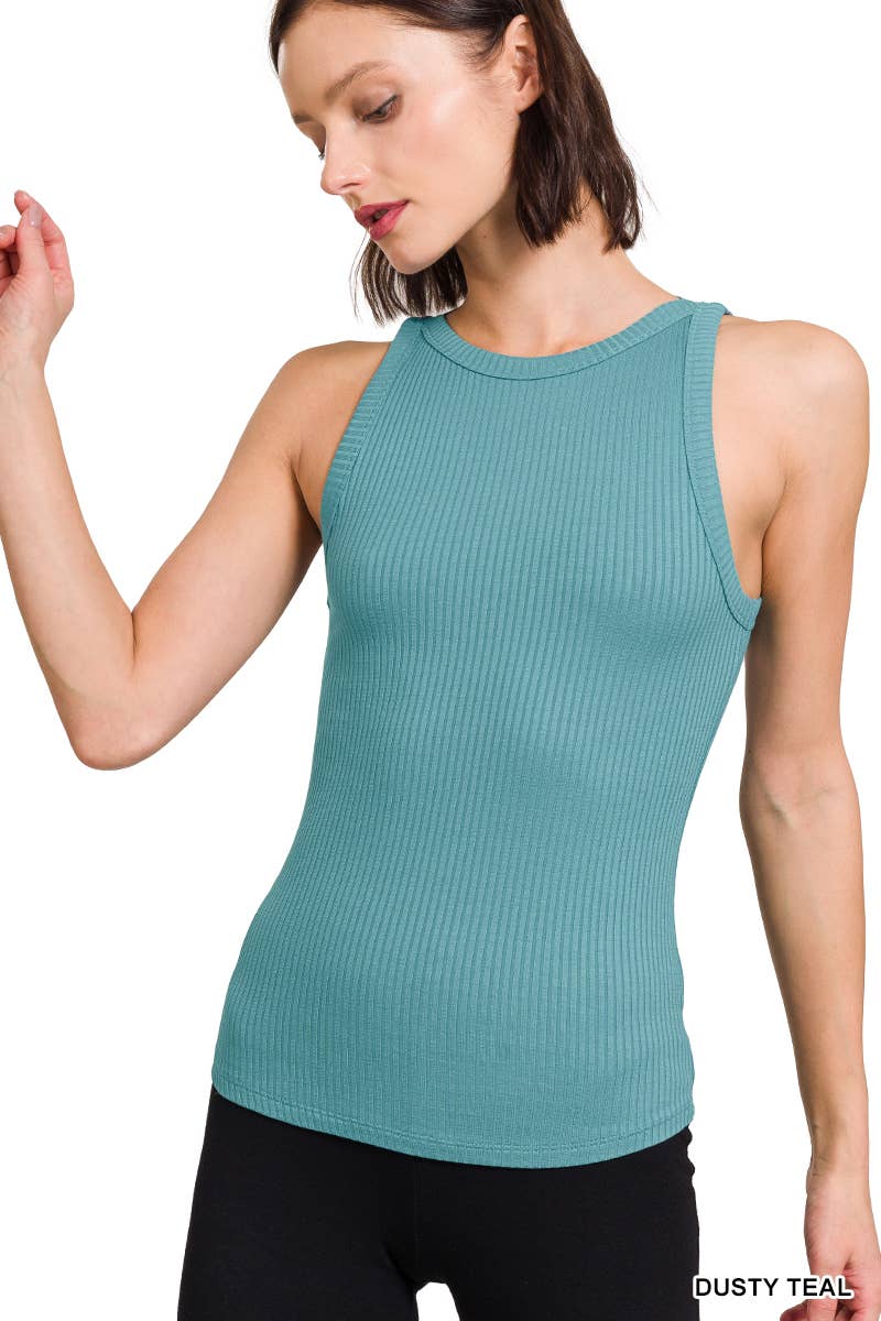 ",,,,,._ Ribbed High Neck Tank Top: FUCHSIA and Black