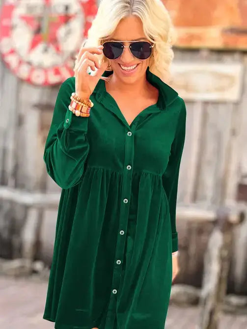 Solid Color Long Sleeve Ruffle Velvet Button Up Dress : Rose