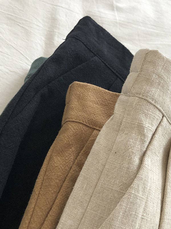 Loose Wide Leg Elasticity Pleated Solid Color Shorts: LINEN