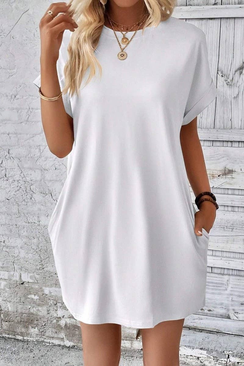 CWDSD3628_SOLID COLOR ROUND NECK LOOSE POCKET SHORT DRESS: Red