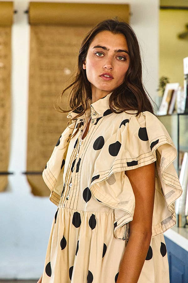 ID4283 Ruffle Sleeve Pintuck Detail Polka Dot Mini Dress: Taupe / S-M-L (2-2-2)