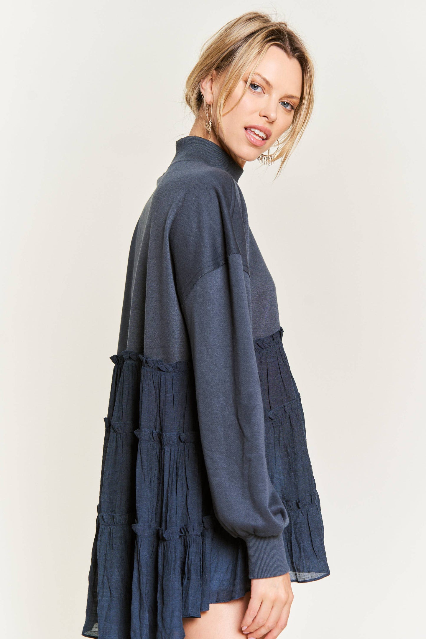 MOCK NECK TUNIC KNIT TOP JJT5007 (Plus available): CHARCOAL