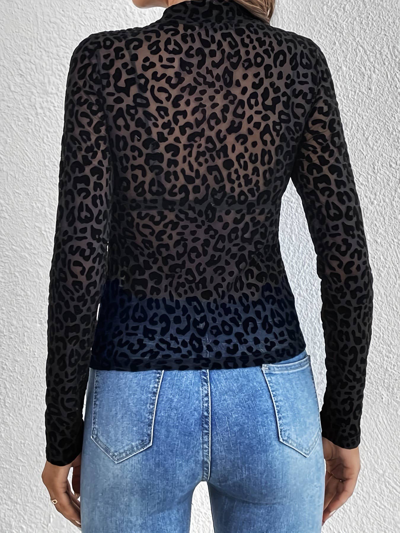 Sexy Stand-Up Collar Leopard Print Mesh Long-Sleeved Top: Black