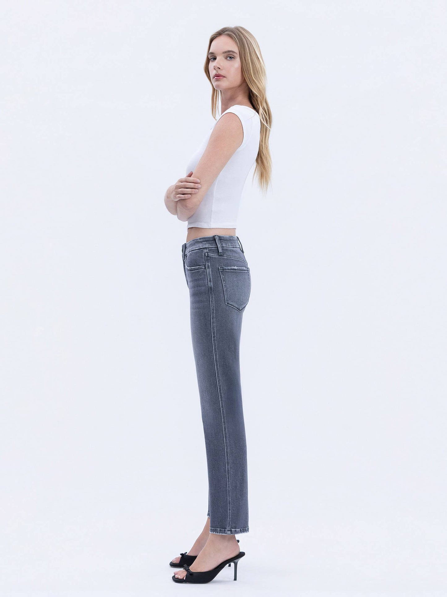 MID RISE SEAMLESS WB GREY ANKLE STRAIGHT JEANS T7119GRY: GREY