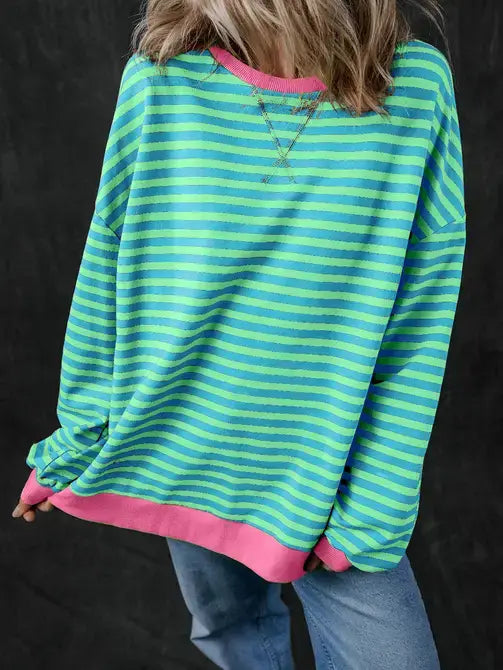 Trendy Oversized Striped Sweatshirt with Bold Trim: Red Stripe