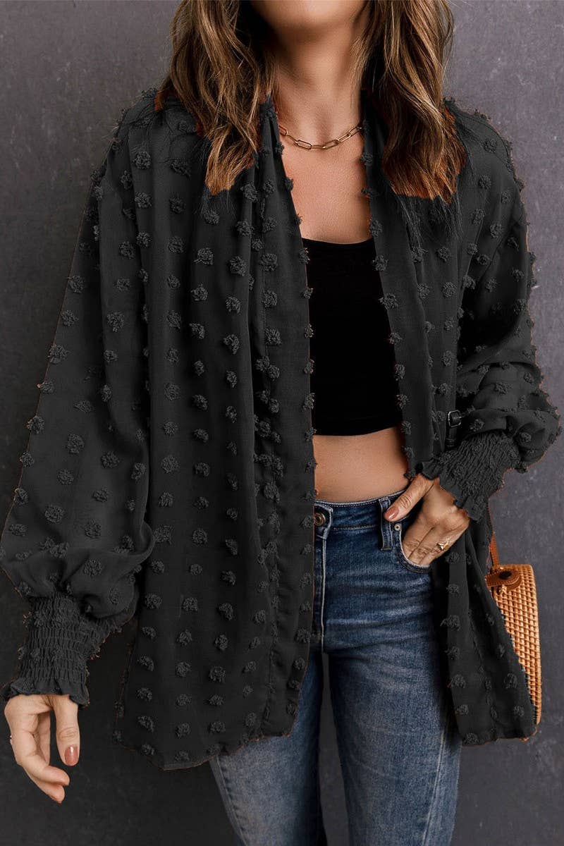 CHIFFON SWISS DOT MID LENGTH SHRUG FOR WOMEN_CWOCAL0278: BLACK