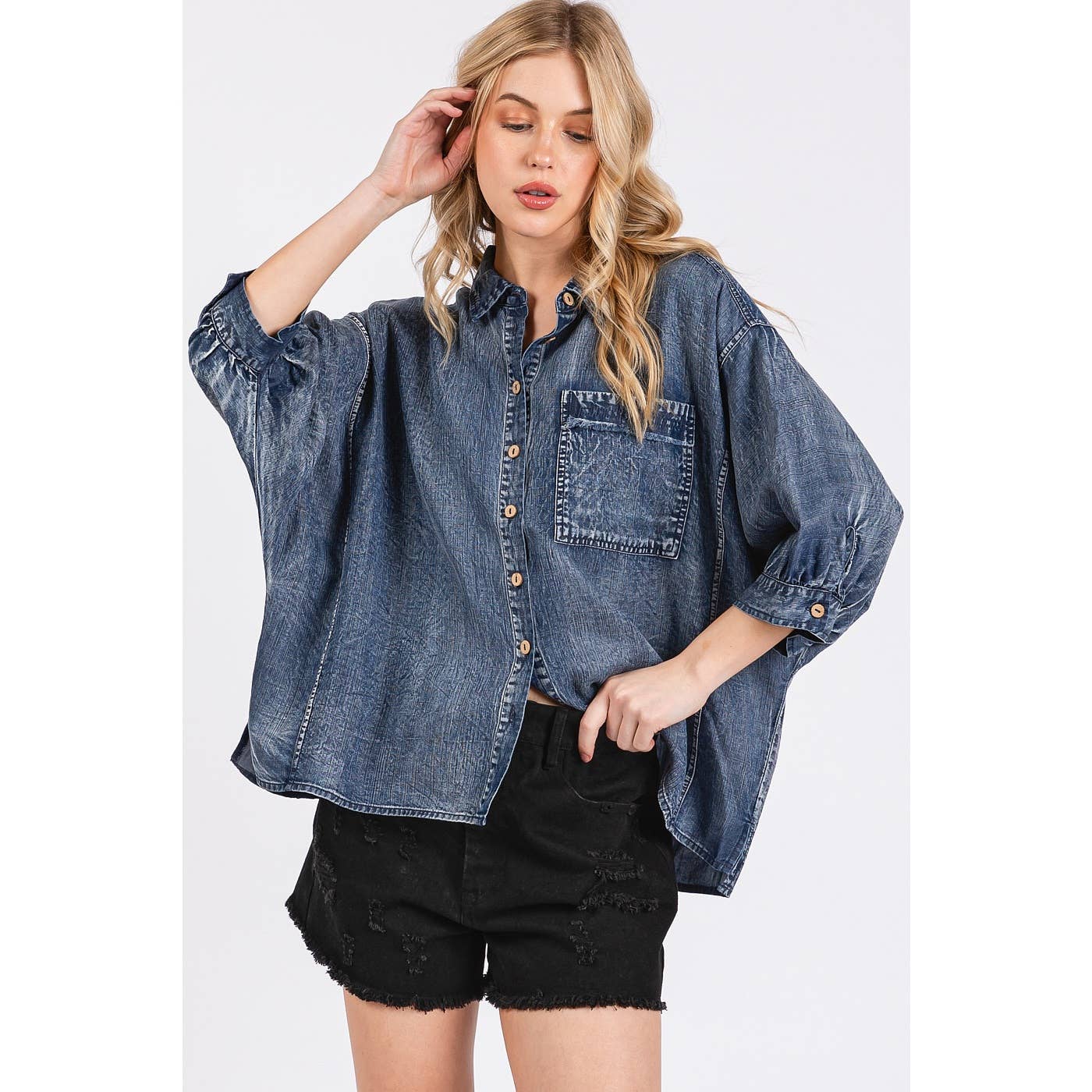 WASHED TENCEL CHAMBRAY DOLMAN SLEEVE SHIRT: DK DENIM / S-M-L(2-2-2)