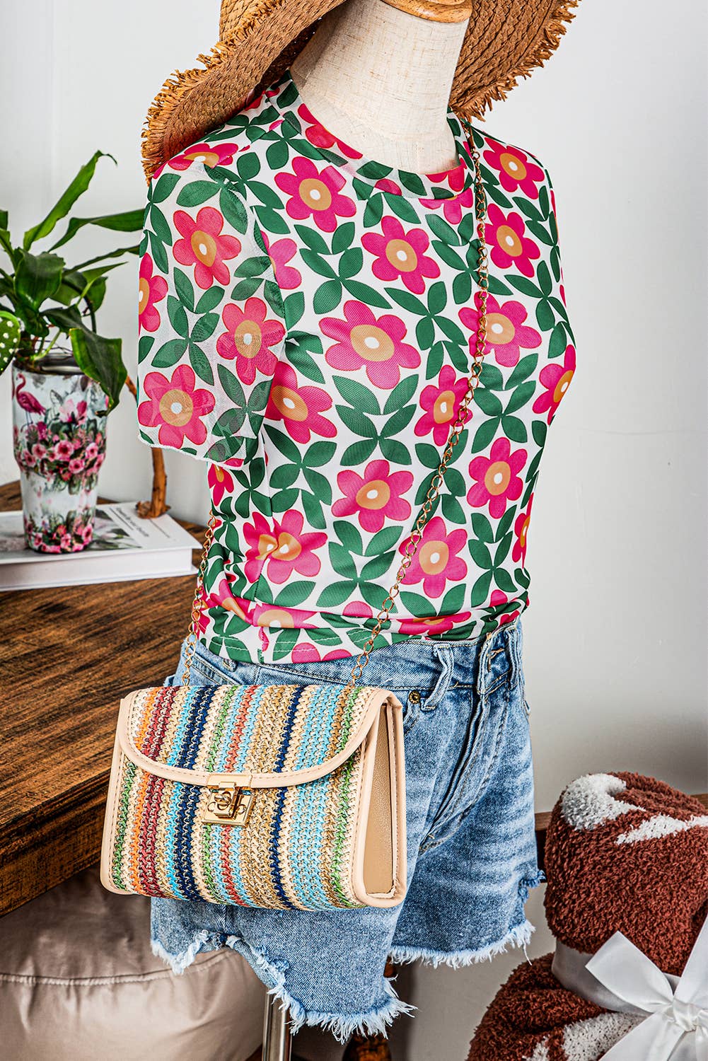 Fashion-W Retro Floral Print Crew Neck T Shirt*S - XL