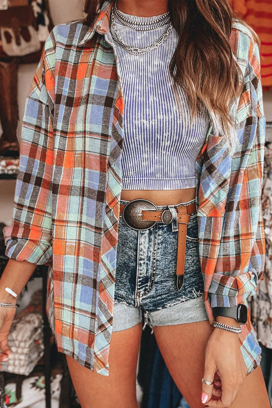 Women's Plaid Print Loose Vintage Shirt: Orange / 100%Cotton