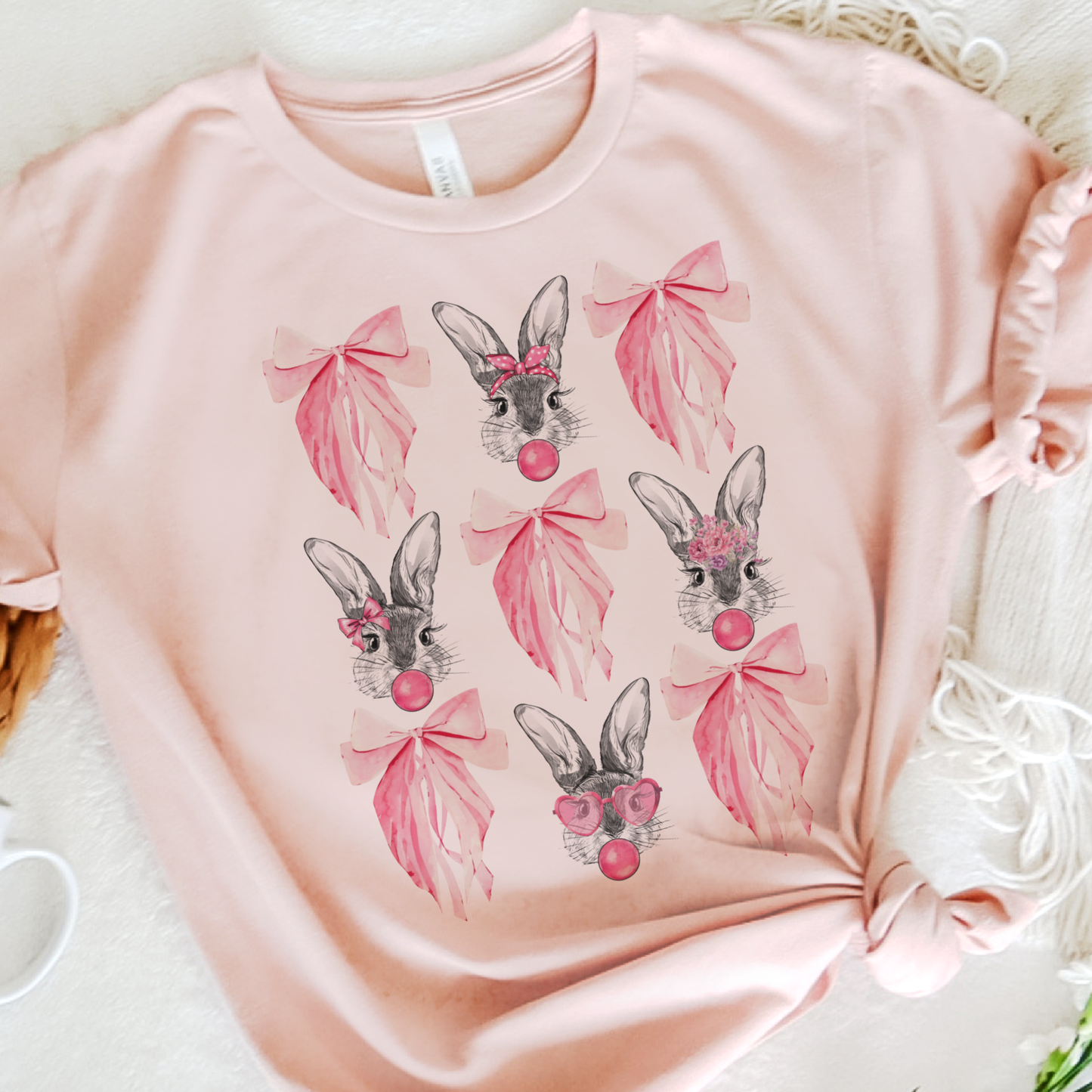 Coquette Tee Easter Bunny and Pink Bows Collage T-Shirts:  / Cream
