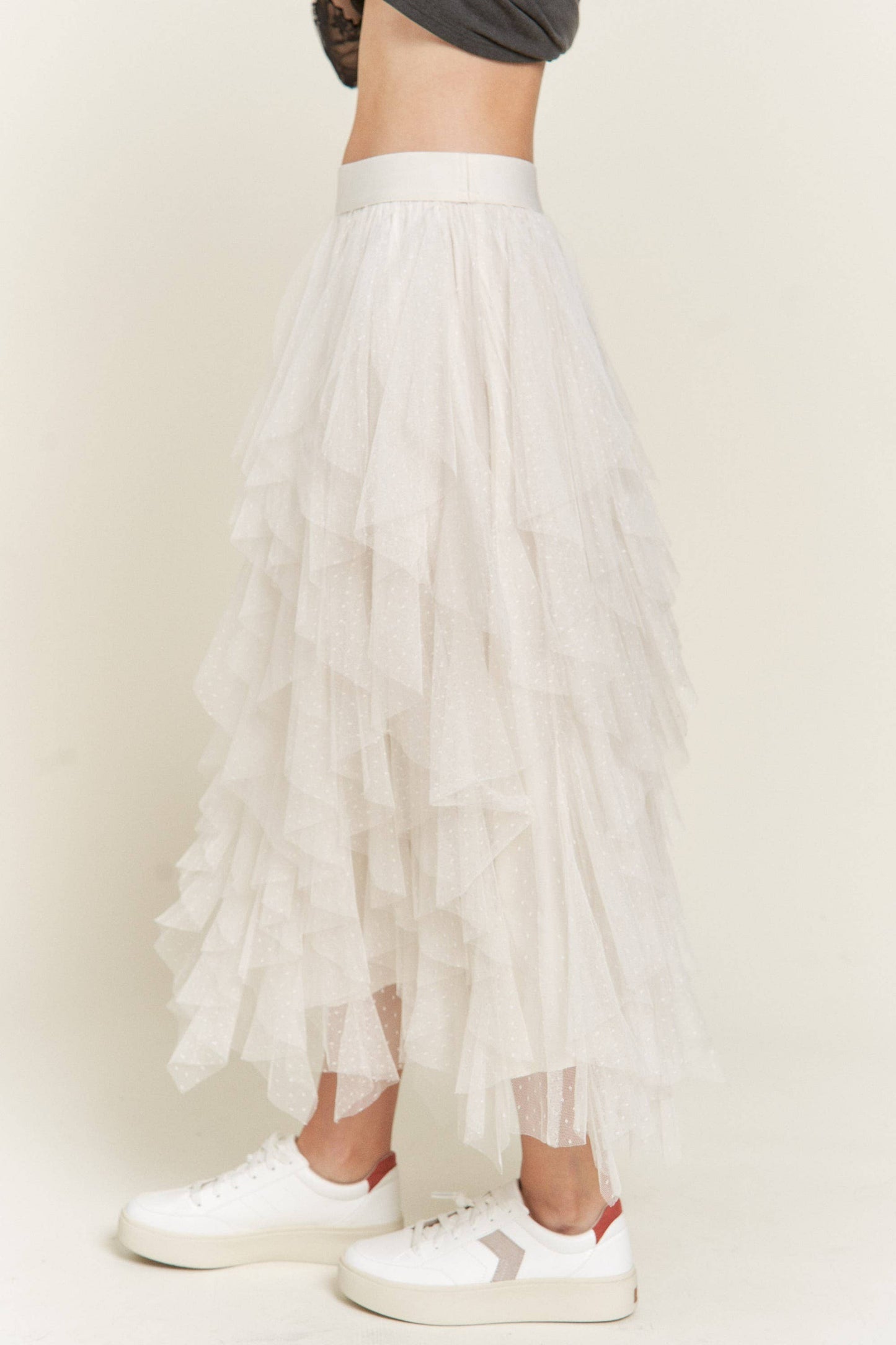 Layered Polka Dot Mesh Lined A-Line Midi Skirt JJB6007: ROSE