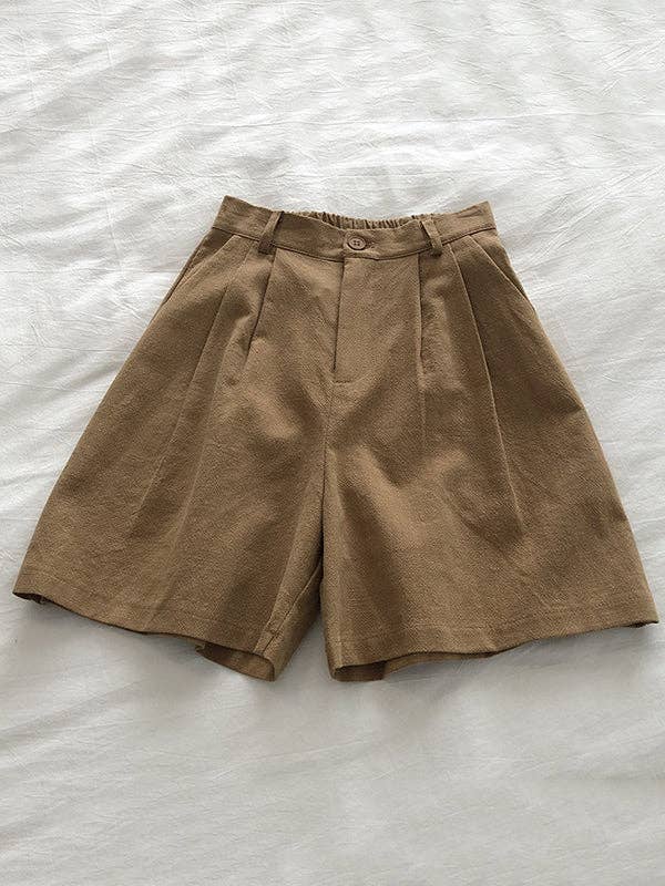 Loose Wide Leg Elasticity Pleated Solid Color Shorts: LINEN