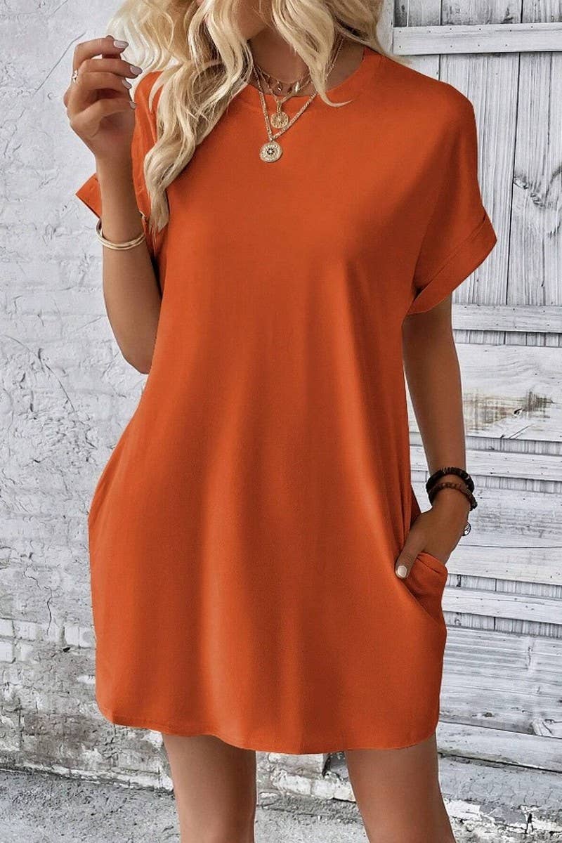 CWDSD3628_SOLID COLOR ROUND NECK LOOSE POCKET SHORT DRESS: Red