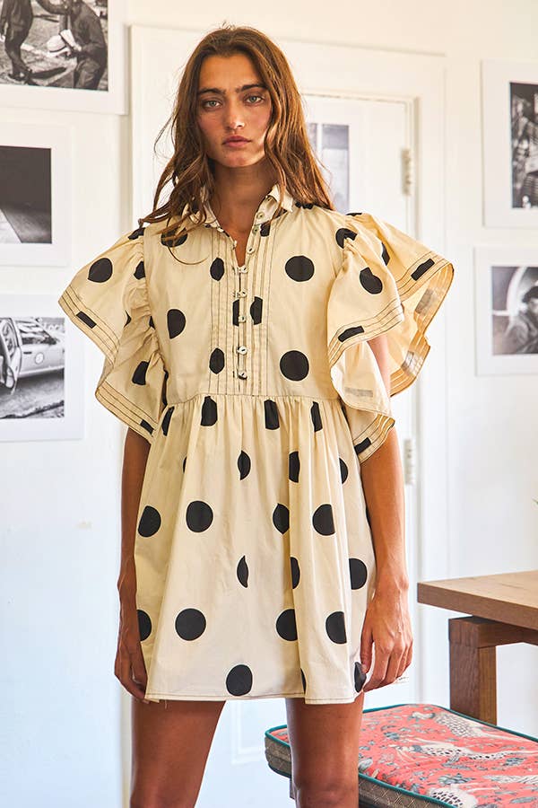 ID4283 Ruffle Sleeve Pintuck Detail Polka Dot Mini Dress: Taupe / S-M-L (2-2-2)