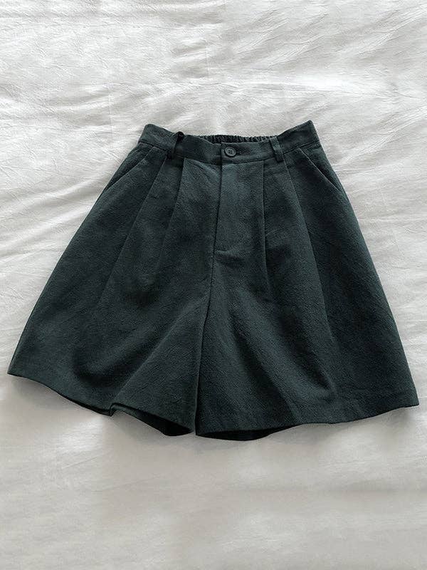 Loose Wide Leg Elasticity Pleated Solid Color Shorts: LINEN