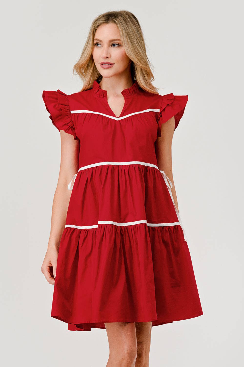 Ashby Tiered Contrast Piping Ruffle Poplin Dress in Ruby Red