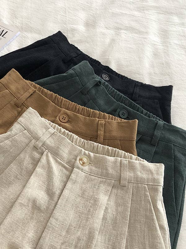 Loose Wide Leg Elasticity Pleated Solid Color Shorts: LINEN