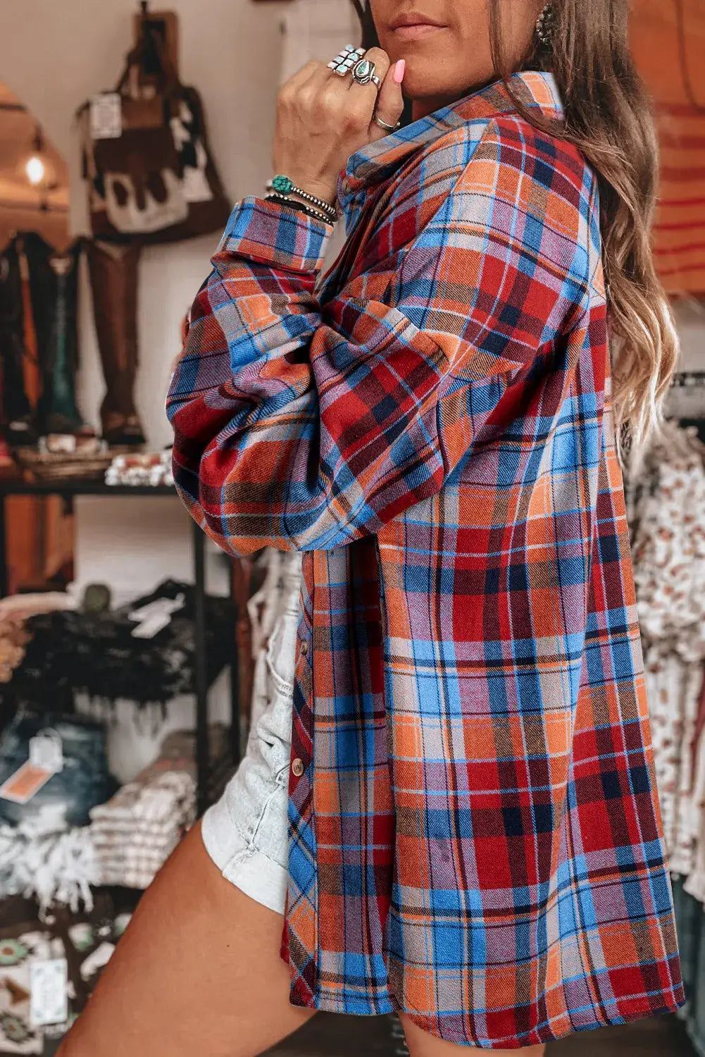 Women's Plaid Print Loose Vintage Shirt: Orange / 100%Cotton