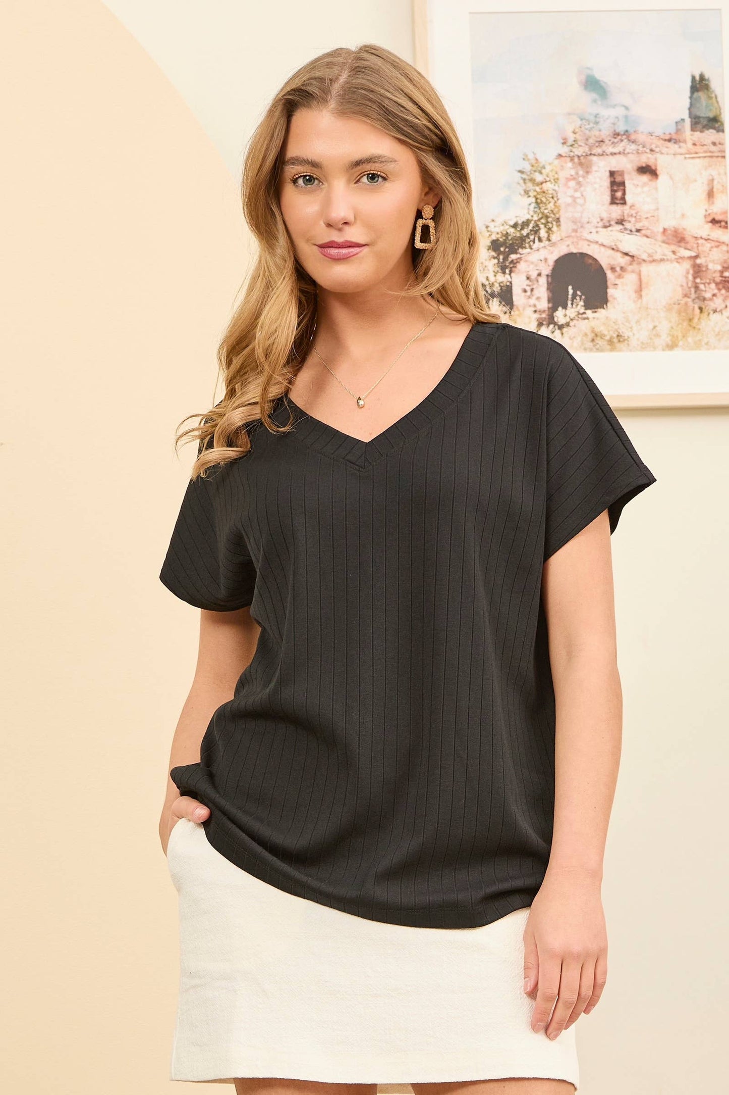 Casual Thick Ribbed V Neck Top: BLACK