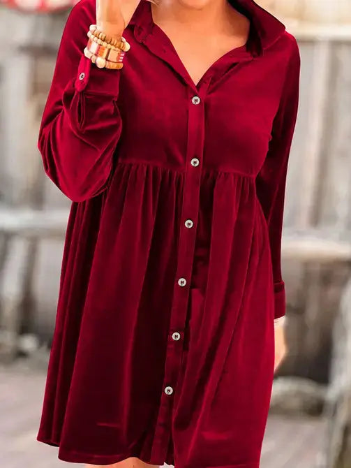 Solid Color Long Sleeve Ruffle Velvet Button Up Dress : Rose