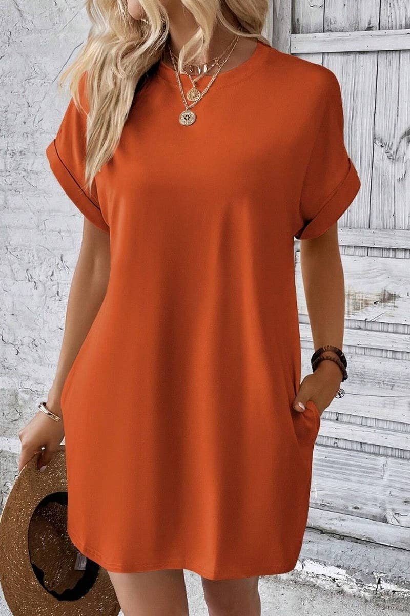 CWDSD3628_SOLID COLOR ROUND NECK LOOSE POCKET SHORT DRESS: Red