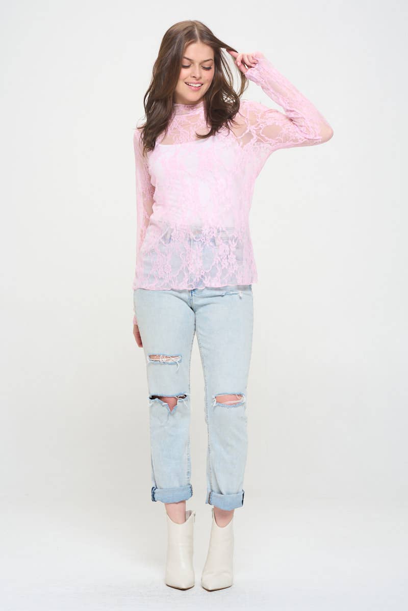 Floral print lace long sleeves top KRT1739 (Plus available): BLACK and White