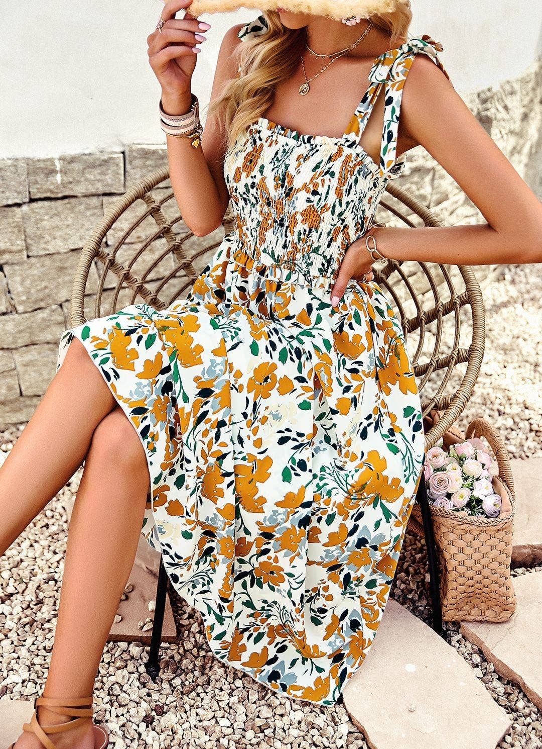 Smocked Midi Dress:Yellow Multi