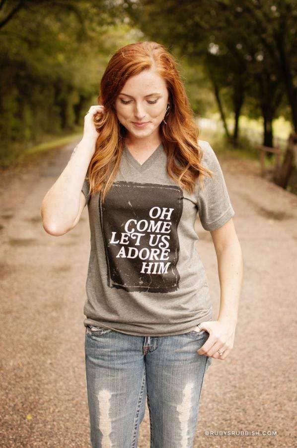 Oh Come Let Us Adore Him | Seasonal T-Shirt | Ruby’s Rubbish®: Heather Red  Classic Crew