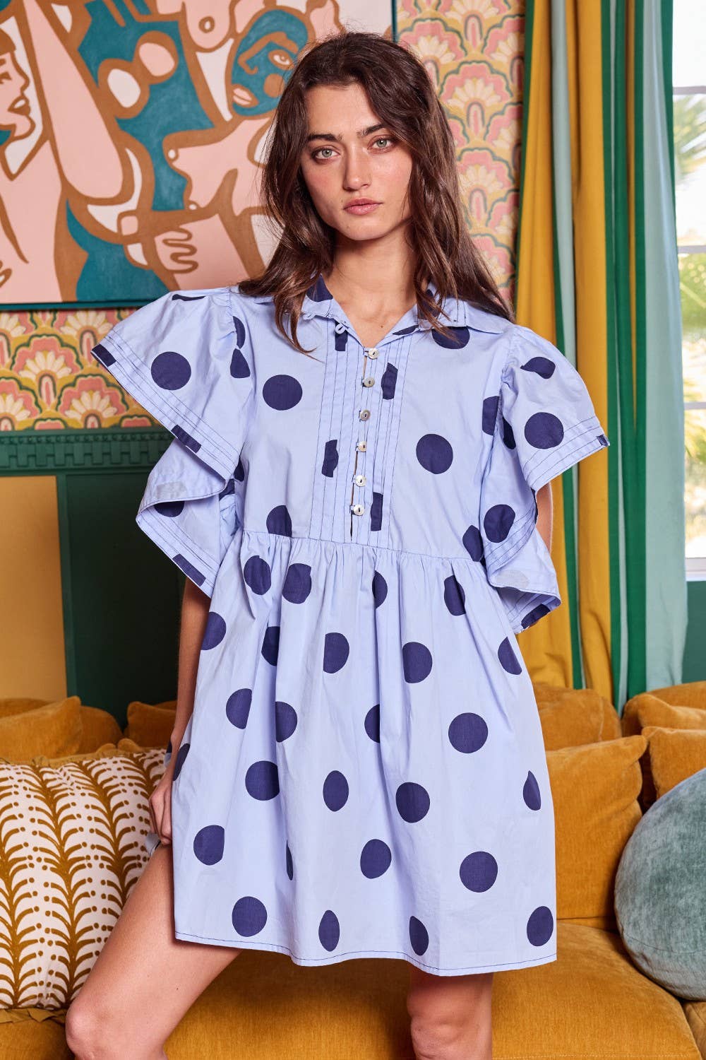 ID4283 Ruffle Sleeve Pintuck Detail Polka Dot Mini Dress: Taupe / S-M-L (2-2-2)