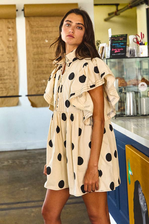 ID4283 Ruffle Sleeve Pintuck Detail Polka Dot Mini Dress: Taupe / S-M-L (2-2-2)