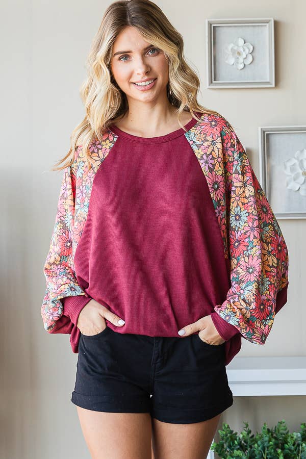 Western Oversized Fit Top with Dolman Floral Sleeves-HT12346: L / Charcoal