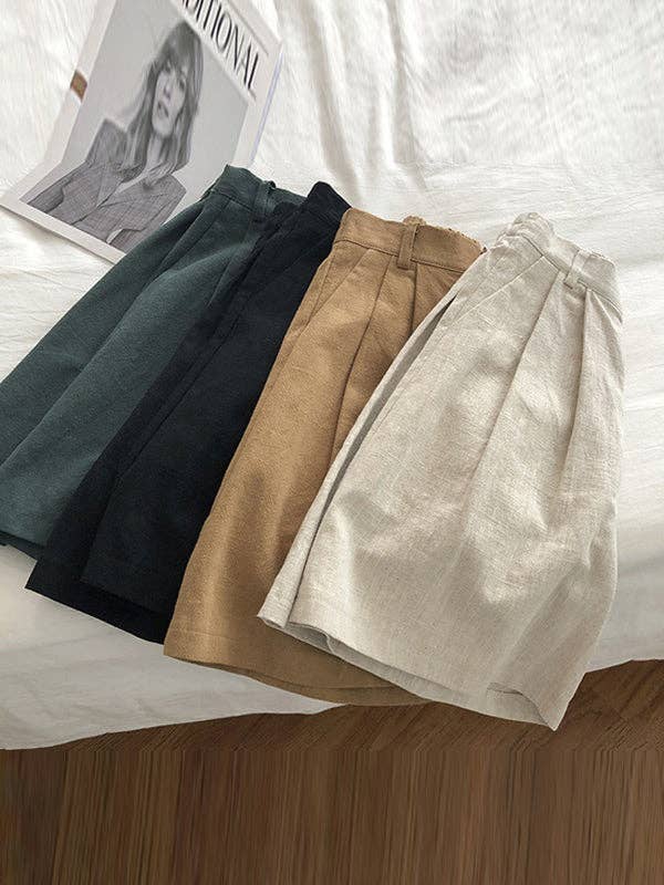 Loose Wide Leg Elasticity Pleated Solid Color Shorts: LINEN