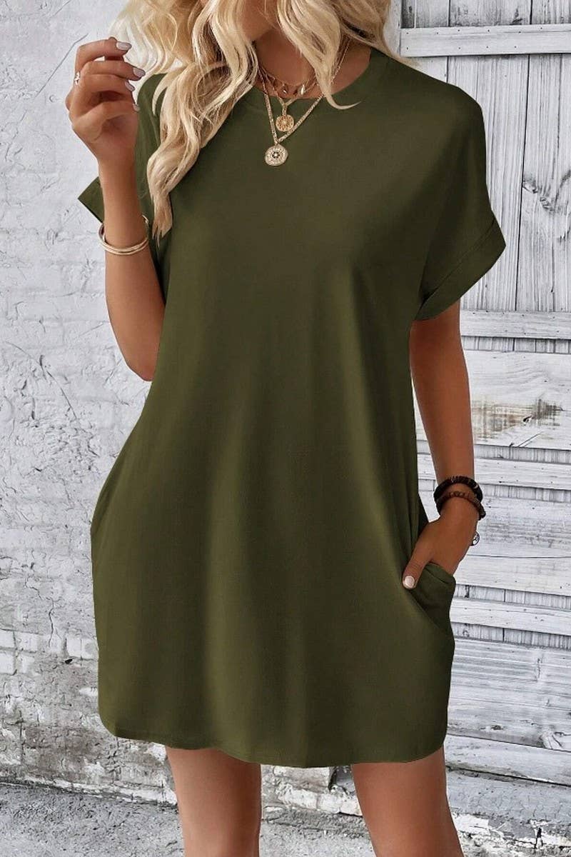 CWDSD3628_SOLID COLOR ROUND NECK LOOSE POCKET SHORT DRESS: Red