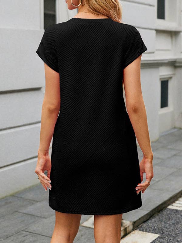 A-Line Loose Jacquard Pockets Solid Color Round-Neck Mini Dresses: FUCHSIA