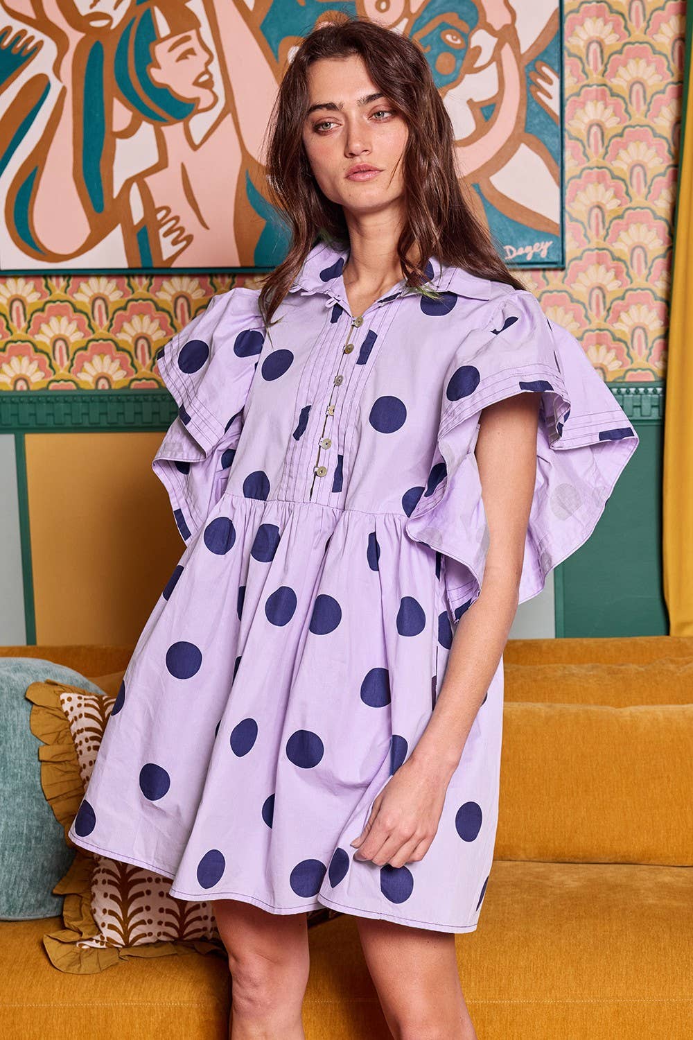 ID4283 Ruffle Sleeve Pintuck Detail Polka Dot Mini Dress: Taupe / S-M-L (2-2-2)