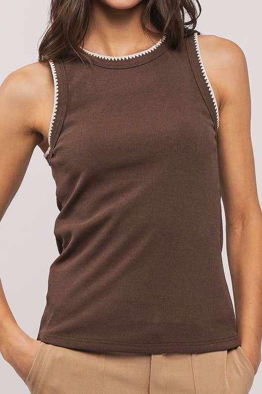Structure Knit Casual Tank Top: Brown / S-2/M-2/L-2