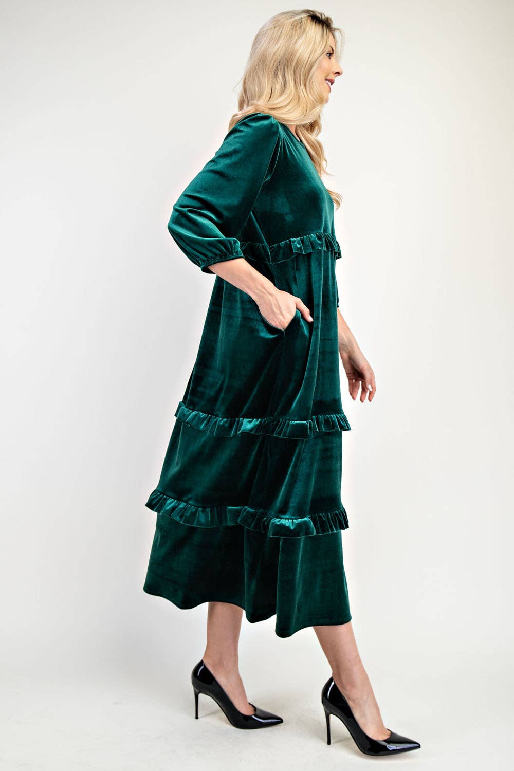 ELEGANT VELVET TIERED MODEST DRESS -MD33897: Purple
