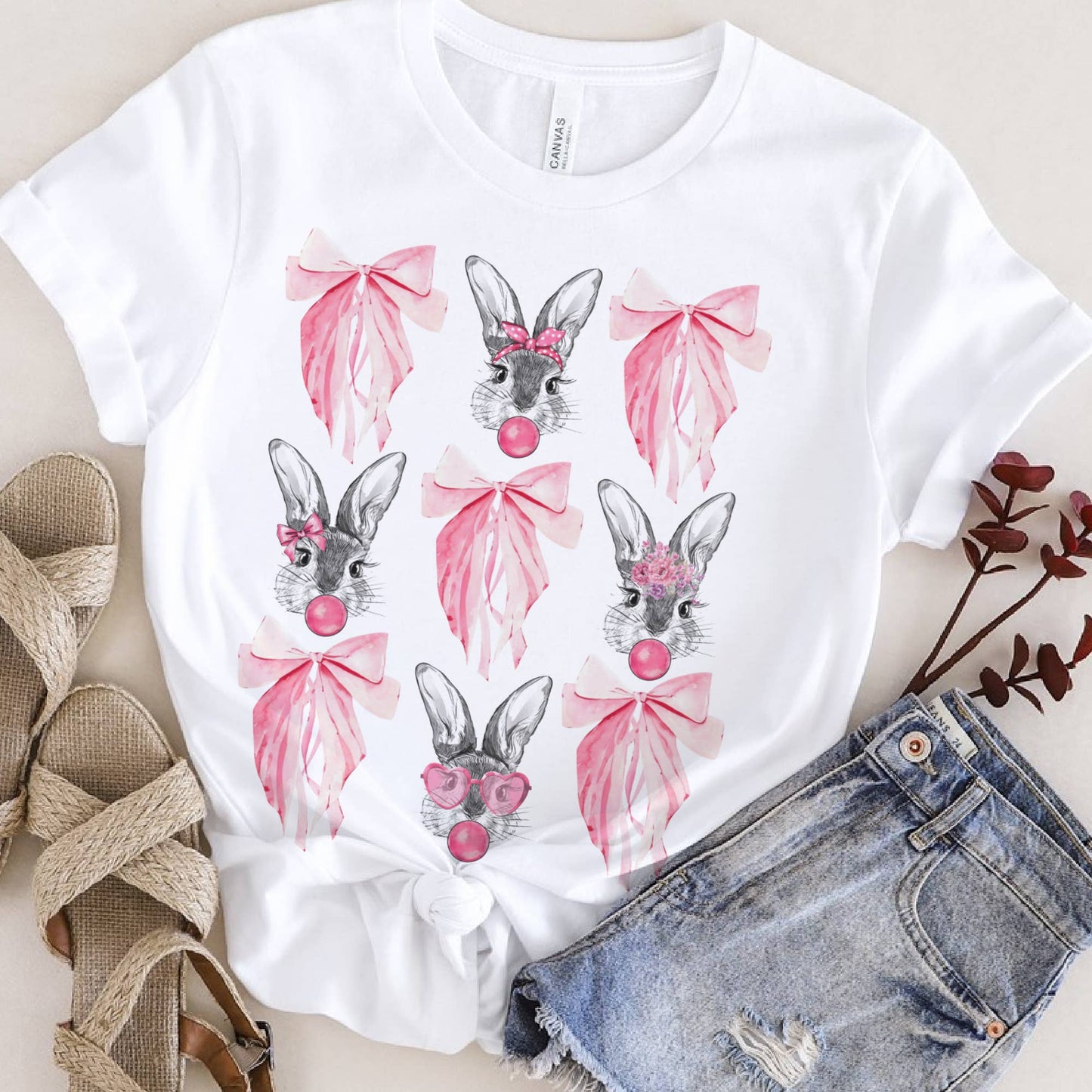 Coquette Tee Easter Bunny and Pink Bows Collage T-Shirts:  / Cream