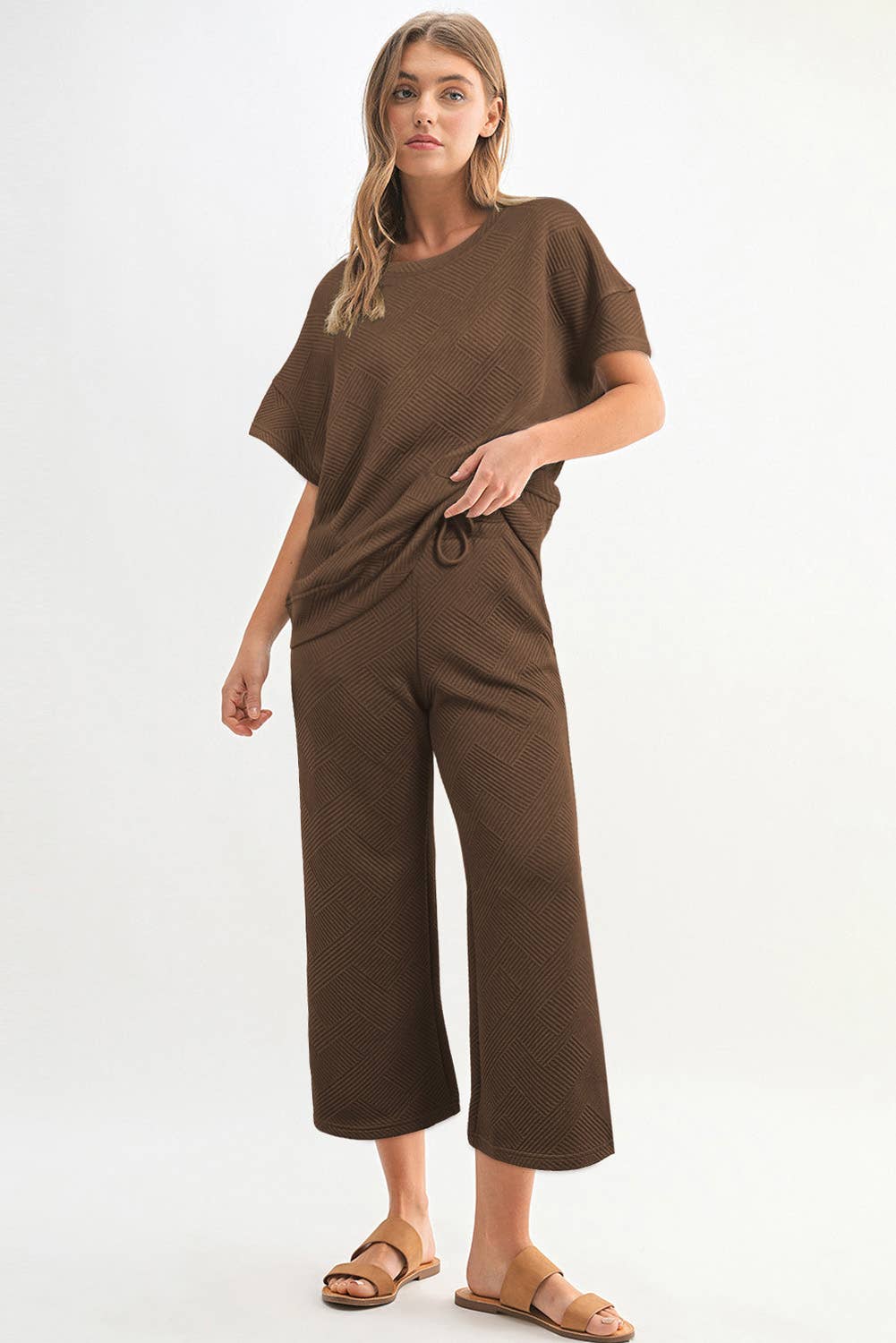 Women Multi-colored Textured T Shirt and Pants Set | S-2XL