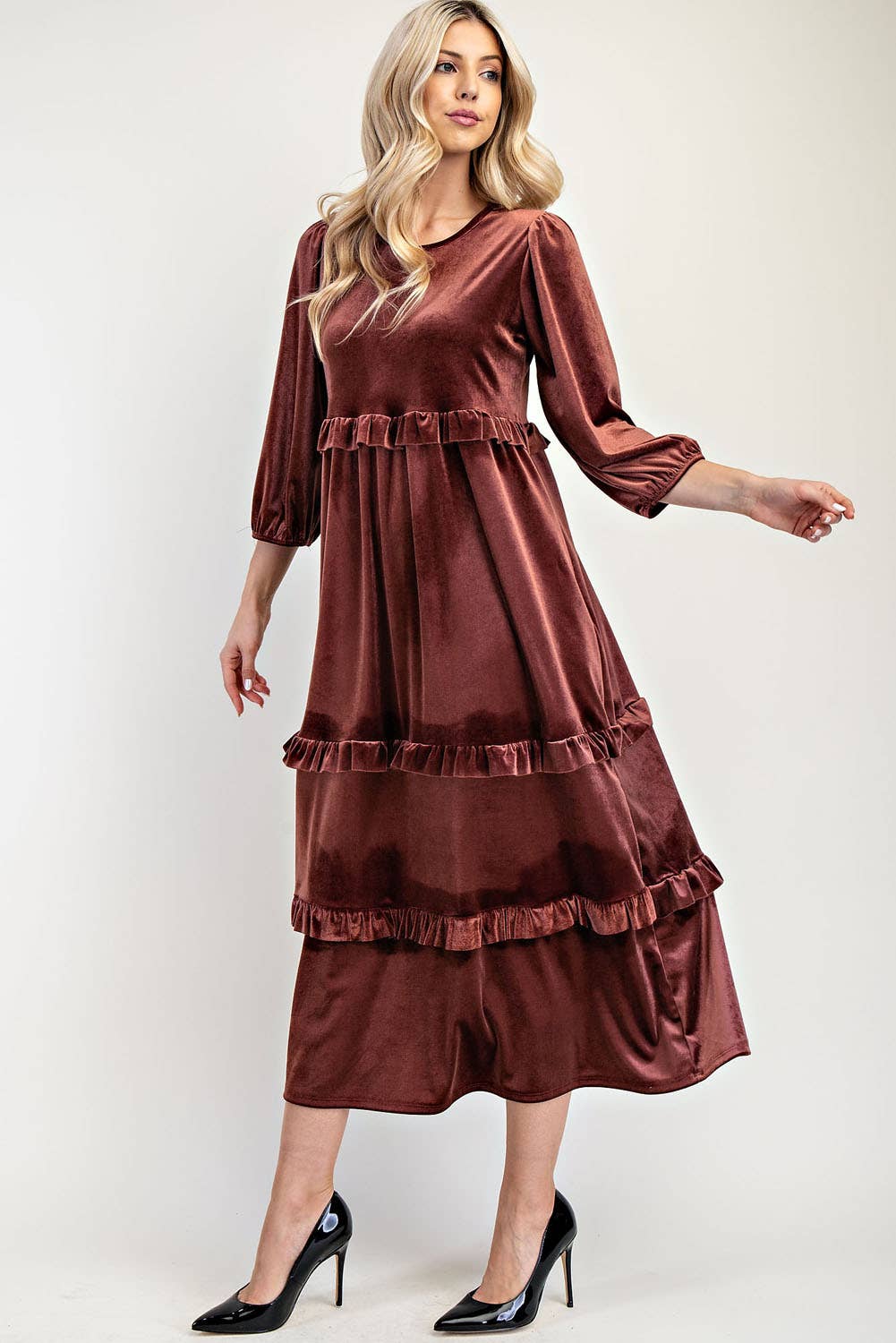 ELEGANT VELVET TIERED MODEST DRESS -MD33897: Purple