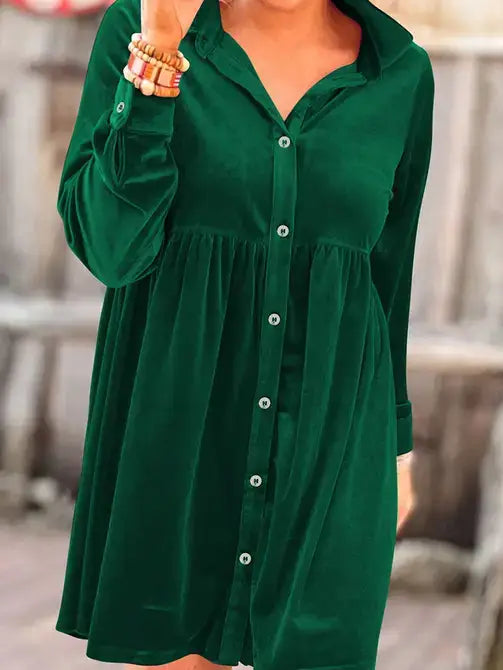 Solid Color Long Sleeve Ruffle Velvet Button Up Dress : Rose