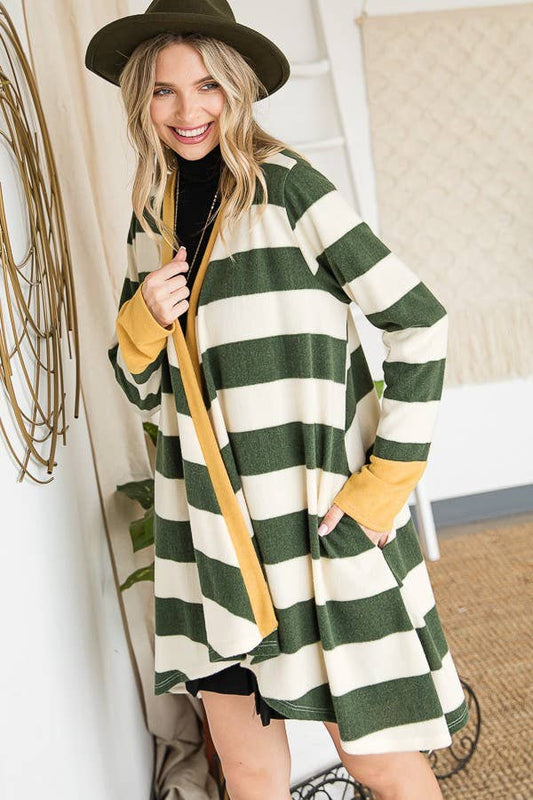 OPEN FRONT STRIPED DRAPED CARDIGAN - KRT1340: Olive