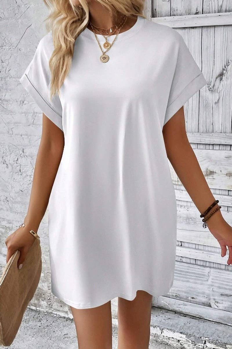 CWDSD3628_SOLID COLOR ROUND NECK LOOSE POCKET SHORT DRESS: Red