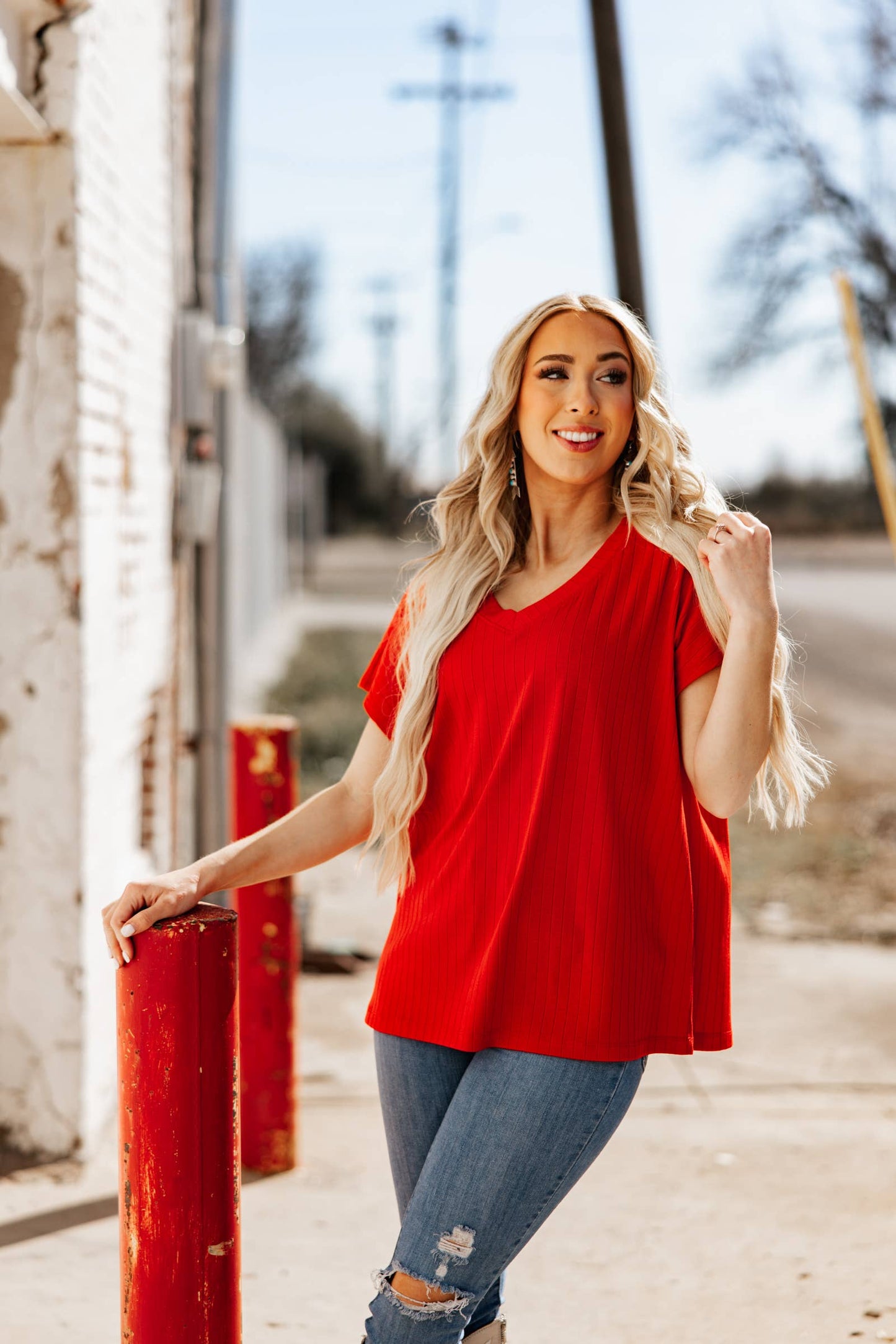 Casual Thick Ribbed V Neck Top: BLACK