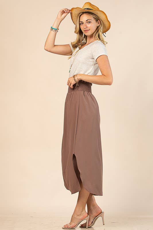 AV1213-MICHELLE ELASTIC BAND WAIST WOVEN MAXI SKIRT: Mocha / Contemporary