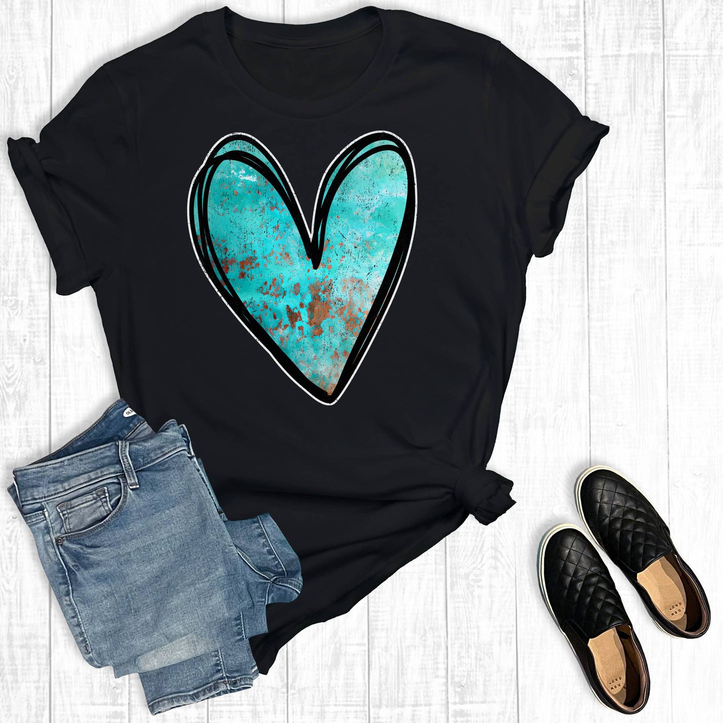 Western Valentines Turquoise Heart Graphic Tee: Black Short Sleeve