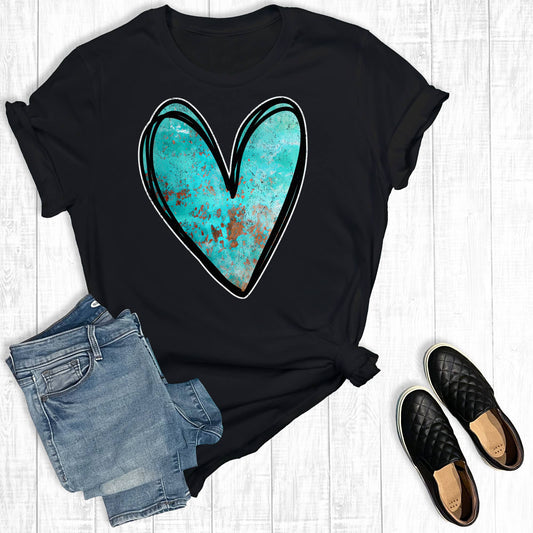 Western Valentines Turquoise Heart Graphic Tee: Black Short Sleeve